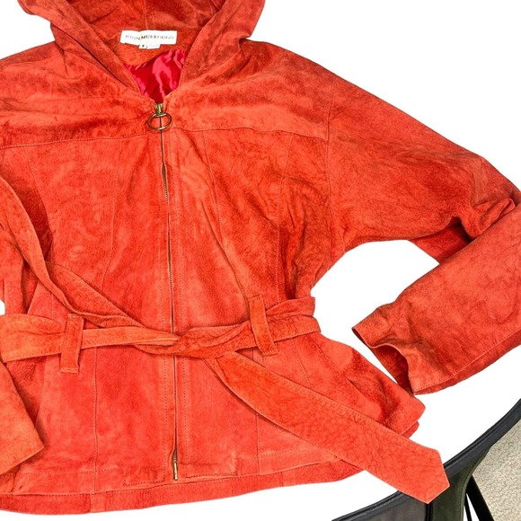 John Murrough Vintage 80s Suede Leather Orange O-Ring Zip Up Hooded Jacket Small - Picture 9 of 14